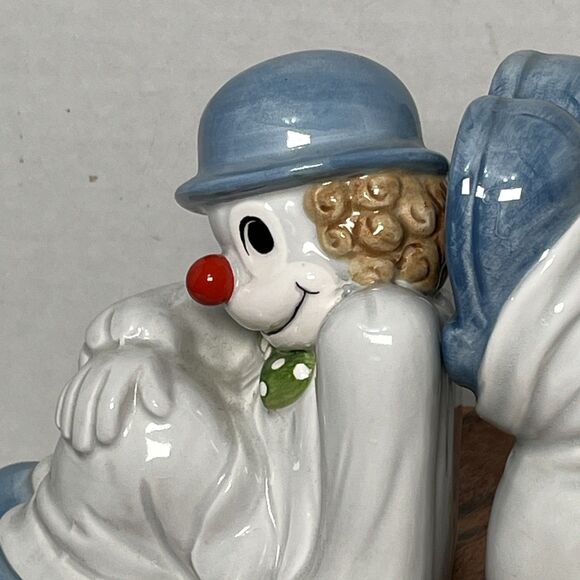 Fitz & Floyd 1979 2 Clown Bookends In Blue Bowler Hats & Shoes with Red Nose - Picture 2 of 11